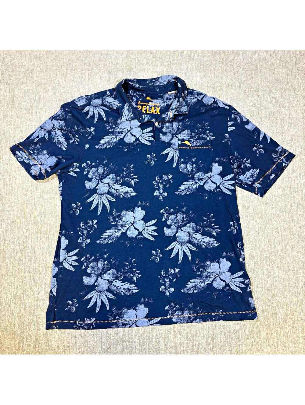 Tommy Bahama Relax Mens L Navy Blue Tropical Hibiscus Floral Polo Shirt Marlin